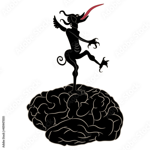 Devil or demon with long protruded tongue dancing on human brain. Creative funny concept for power of evil.