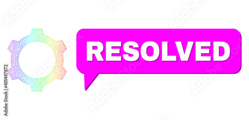Resolved and gear vector. Spectrum vibrant net gear, and chat Resolved cloud message. Chat colored Resolved cloud has shadow. Vector wireframe created from gear icon with triangular net.