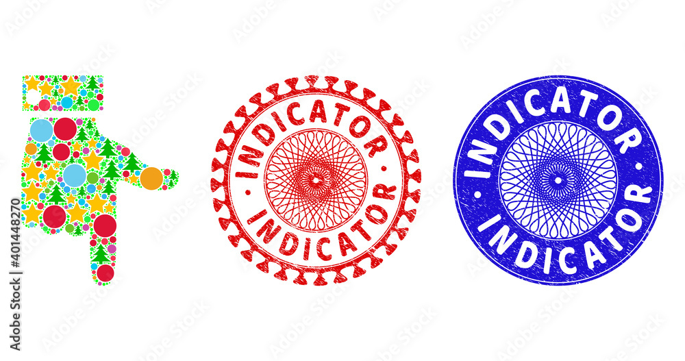 Hand pointer down composition of New Year symbols, such as stars, fir trees, color circles, and INDICATOR scratched stamp seals. Vector INDICATOR stamp seals uses guilloche ornament, Hand pointer down composition of New Year symbols, such as stars, fir trees, color circles, and INDICATOR scratched stamp seals. Vector INDICATOR stamp seals uses guilloche ornament,