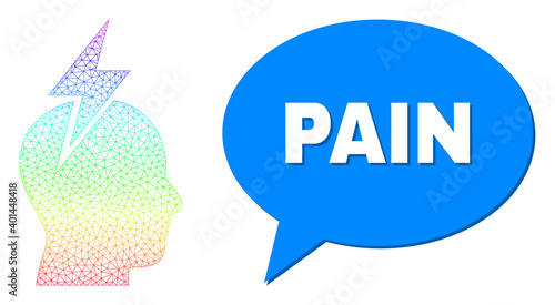 Pain and headache composition. Spectrum colored mesh headache, and conversation Pain cloud frame. Conversation colored Pain cloud has shadow. Vector model created from headache icon with mesh.