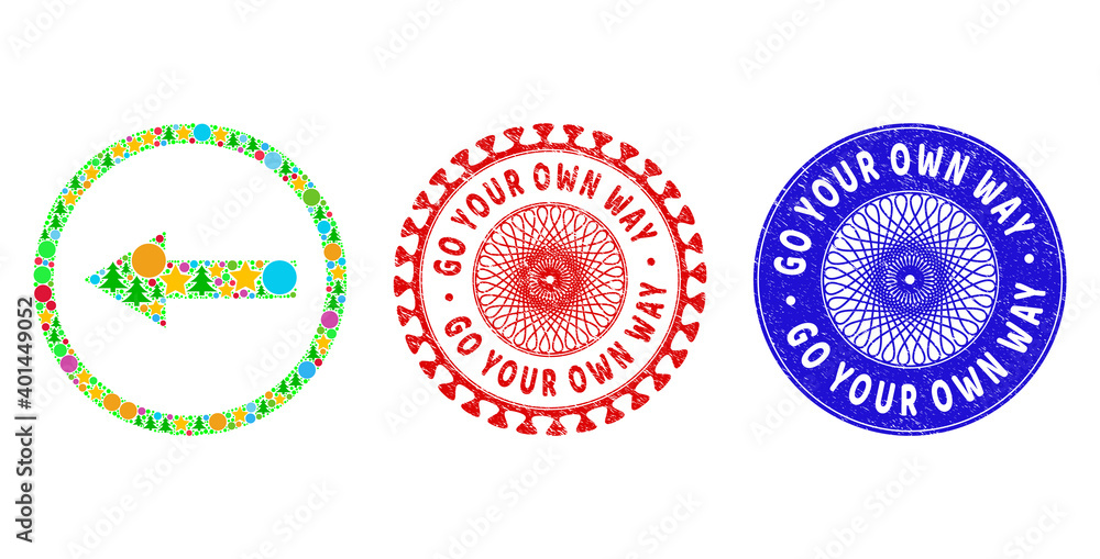 Left rounded arrow collage of Christmas symbols, such as stars, fir-trees, color spheres, and GO YOUR OWN WAY rubber watermarks. Vector GO YOUR OWN WAY watermarks uses guilloche pattern, Left rounded arrow collage of Christmas symbols, such as stars, fir-trees, color spheres, and GO YOUR OWN WAY rubber watermarks. Vector GO YOUR OWN WAY watermarks uses guilloche pattern,