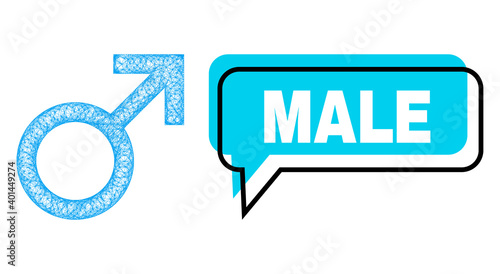 Speech Male blue cloud frame and network male symbol. Frame and colored area are misplaced to Male text, which is located inside blue colored cloud. Vector quote text inside chat frame.