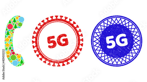 Phone receiver collage of New Year symbols, such as stars, fir-trees, color circles, and 5G corroded stamp seals. Vector 5G stamp seals uses guilloche pattern, designed in red and blue variations.