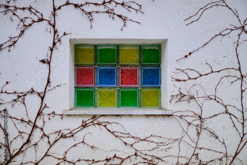 multicoloured square window in concrete wall covered in leafless vines