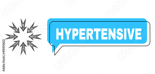Speech Hypertensive blue cloud frame and crossing mesh pressure arrows. Frame and colored area are shifted to Hypertensive caption, which is located inside blue colored banner.