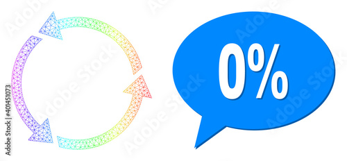 0% and recycle composition. Rainbow colored net recycle, and conversation 0% cloud message. Conversation colored 0% cloud has shadow. Vector carcass generated from recycle icon with triangular net.