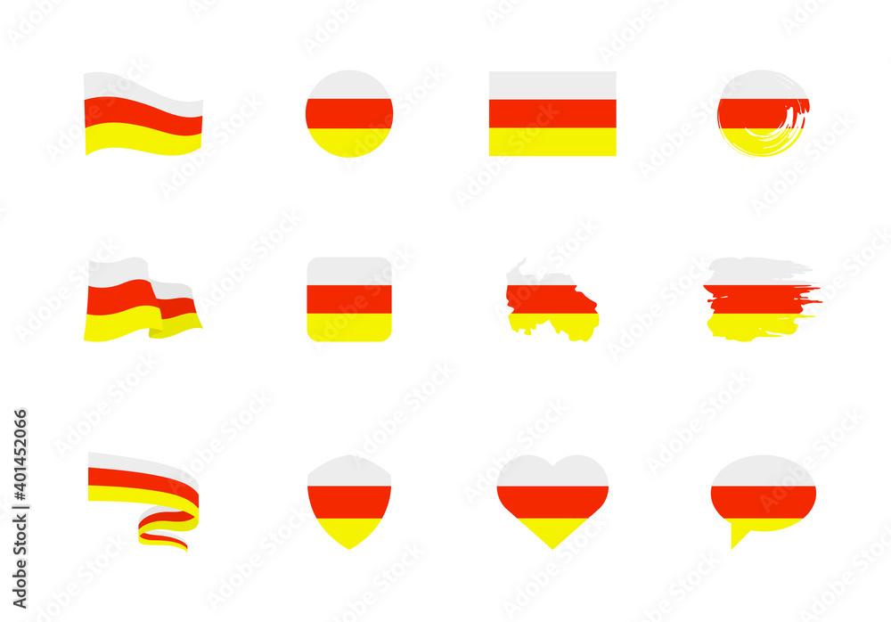 South Ossetia flag - flat collection. Flags of different shaped twelve flat icons. Vector illustration set South Ossetia flag - flat collection. Flags of different shaped twelve flat icons. Vector illustration set