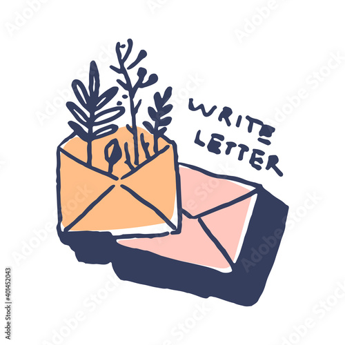 Letter envelop wit plants in cute cozy hugge cartoon style illustration