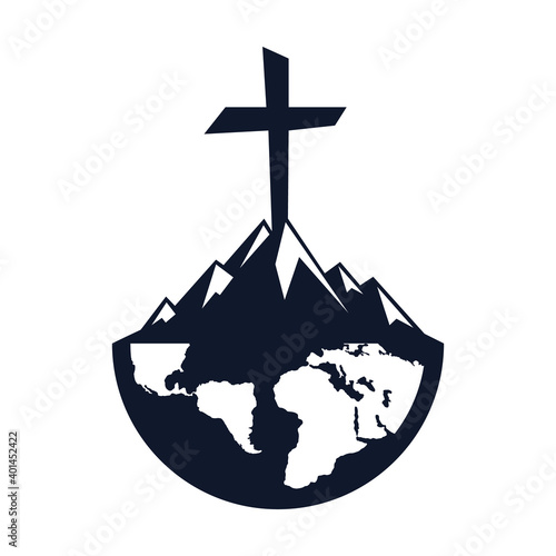 Christine cross on mountain logo design. Cross on globe mountain vector illustration design.