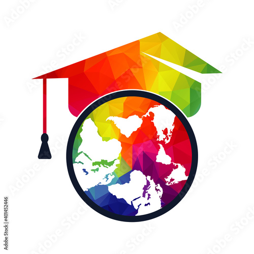 Graduation cap on globe icon vector illustration. Abroad Education logo vector template design.