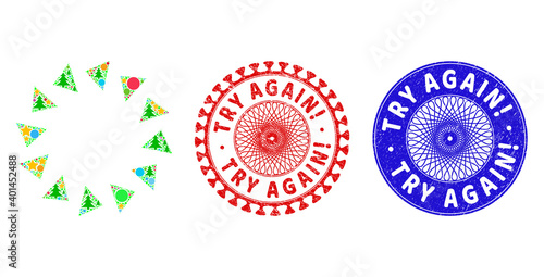Rotate ccw mosaic of Christmas symbols, such as stars, fir-trees, color circles, and TRY AGAIN! rubber stamp seals. Vector TRY AGAIN! stamp seals uses guilloche ornament,