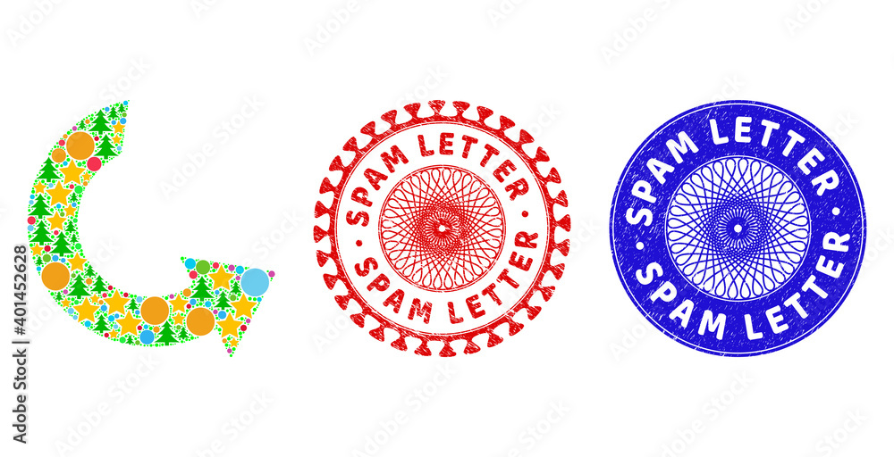 Rotate ccw composition of Christmas symbols, such as stars, fir-trees, multicolored round items, and SPAM LETTER rubber stamp prints. Vector SPAM LETTER stamp seals uses guilloche pattern, Rotate ccw composition of Christmas symbols, such as stars, fir-trees, multicolored round items, and SPAM LETTER rubber stamp prints. Vector SPAM LETTER stamp seals uses guilloche pattern,