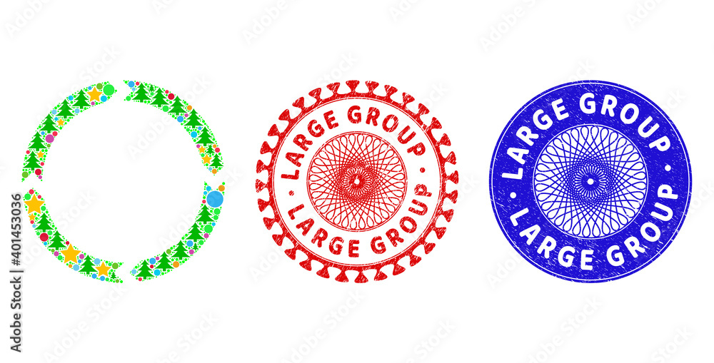 Rotation collage of Christmas symbols, such as stars, fir-trees, colored balls, and LARGE GROUP rough seals. Vector LARGE GROUP imprints uses guilloche pattern, designed in red and blue variations. Rotation collage of Christmas symbols, such as stars, fir-trees, colored balls, and LARGE GROUP rough seals. Vector LARGE GROUP imprints uses guilloche pattern, designed in red and blue variations.
