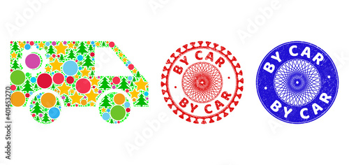 Service car composition of Christmas symbols, such as stars, fir trees, colored spheres, and BY CAR textured stamp imitations. Vector BY CAR imprints uses guilloche ornament,
