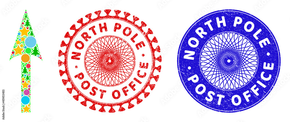 Sharp arrow up mosaic of Christmas symbols, such as stars, fir-trees, color spheres, and NORTH POLE POST OFFICE textured seals. Vector NORTH POLE POST OFFICE stamps uses guilloche pattern, Sharp arrow up mosaic of Christmas symbols, such as stars, fir-trees, color spheres, and NORTH POLE POST OFFICE textured seals. Vector NORTH POLE POST OFFICE stamps uses guilloche pattern,