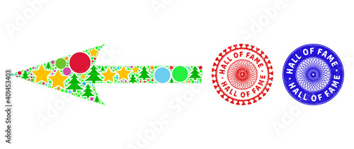 Sharp arrow left composition of New Year symbols, such as stars, fir-trees, bright circles, and HALL OF FAME unclean seals. Vector HALL OF FAME seals uses guilloche pattern,