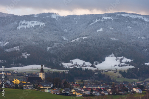Small beautiful austrian village surrounded by mountains in Ennstal, Steiermark, Austria © Aron M  - Austria