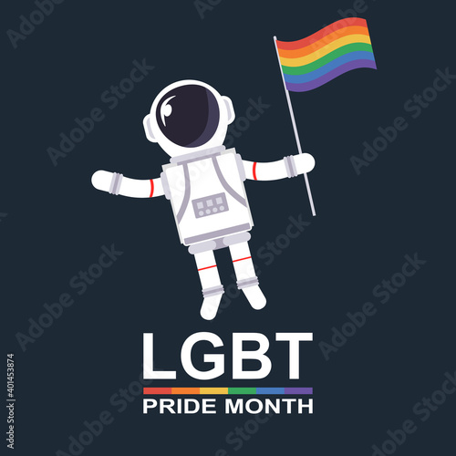 Astronaut hovers in space and waving a gay flag with his hand and text LGBT pride month on dark background. Copy space for design. Flat style design vector