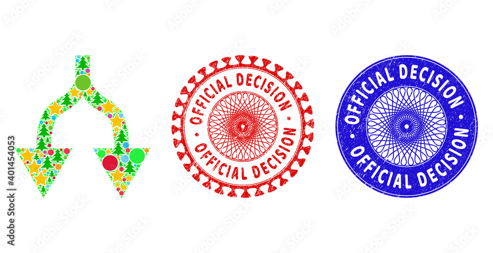 Split arrows down collage of Christmas symbols, such as stars, fir trees, color spheres, and OFFICIAL DECISION textured stamp seals. Vector OFFICIAL DECISION stamp seals uses guilloche ornament, Split arrows down collage of Christmas symbols, such as stars, fir trees, color spheres, and OFFICIAL DECISION textured stamp seals. Vector OFFICIAL DECISION stamp seals uses guilloche ornament,