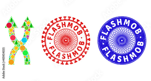 Shuffle arrows up composition of Christmas symbols, such as stars, fir trees, multicolored round items, and FLASHMOB textured stamp seals. Vector FLASHMOB seals uses guilloche ornament,