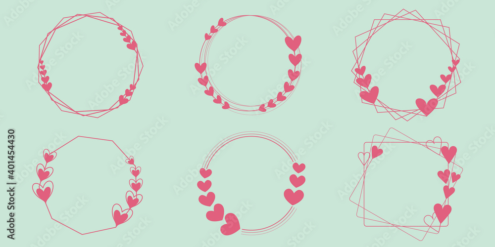 Set of Heart symbol round frames illustration. Heart frames for Valentine's day. Heart symbol decorated illustration for cards, invitations, banners and design. ハートフレームデザイン、ハートリースイラスト、バレンタイン、母の日