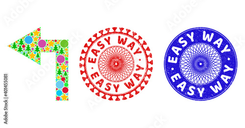 Turn left mosaic of New Year symbols, such as stars, fir trees, colored round items, and EASY WAY unclean stamp imitations. Vector EASY WAY stamps uses guilloche pattern,