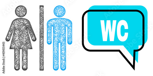 Conversation WC blue cloud message and wire frame WC persons. Frame and colored area are shifted for WC phrase, which is located inside blue colored cloud. Vector quote tag inside talking frame.