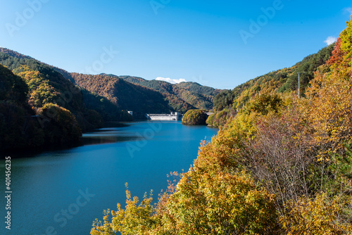 The scenery of the dam lake. It is a scenic autumn landscape.It is Lake Minowa in Nagano Prefecture, Japan.