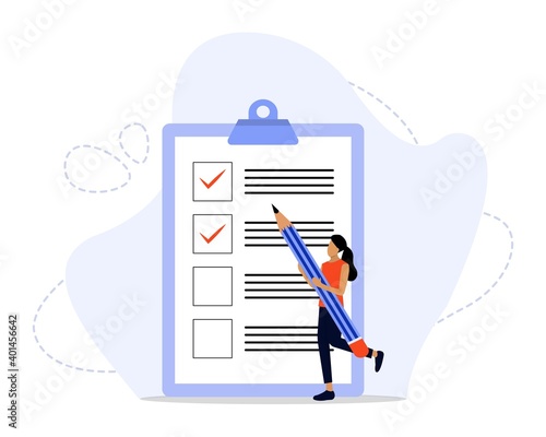 Vector Illustration, Survey Concept, Showing people with quality test and satisfaction report, Suitable for landing page, UI, web, App intro card, editorial, flyer,and banner