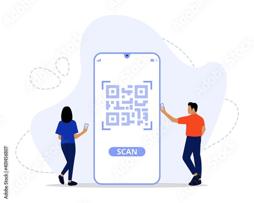 Vector Illustration, QR Code scanning Concept, Showing people scan code using smartphone, 
Suitable for landing page, UI, web, App intro card, and others
