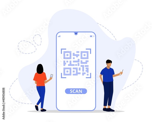 Vector Illustration, QR Code scanning Concept, Showing people scan code using smartphone, 
Suitable for landing page, UI, web, App intro card, and others
