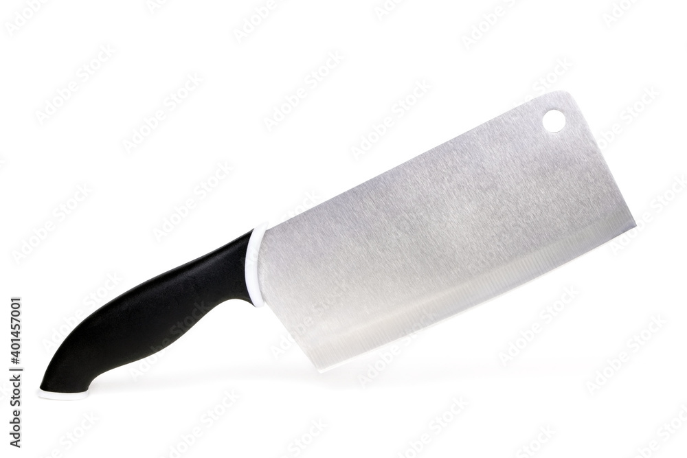 Kitchen cleaver with black handle isolated on a white background, Kitchen hatchet isolated. Axe Kitchen cleaver with black handle isolated on a white background, Kitchen hatchet isolated. Axe