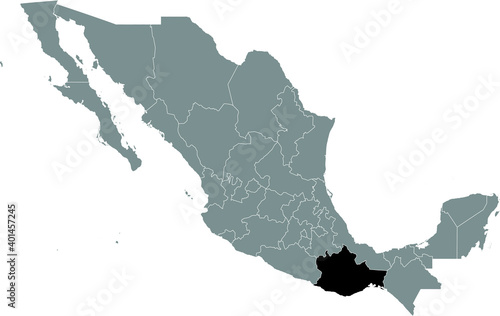Black location map of Mexican Oaxaca state inside gray map of Mexico