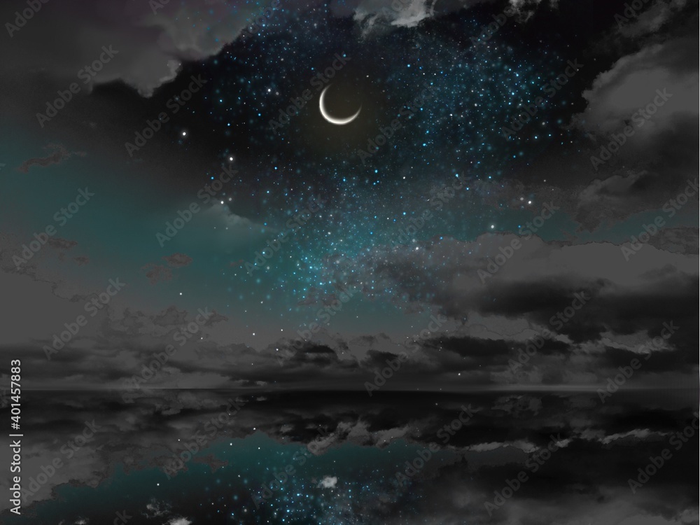 Landscape of beautiful night sky reflecting in the sea Landscape of beautiful night sky reflecting in the sea