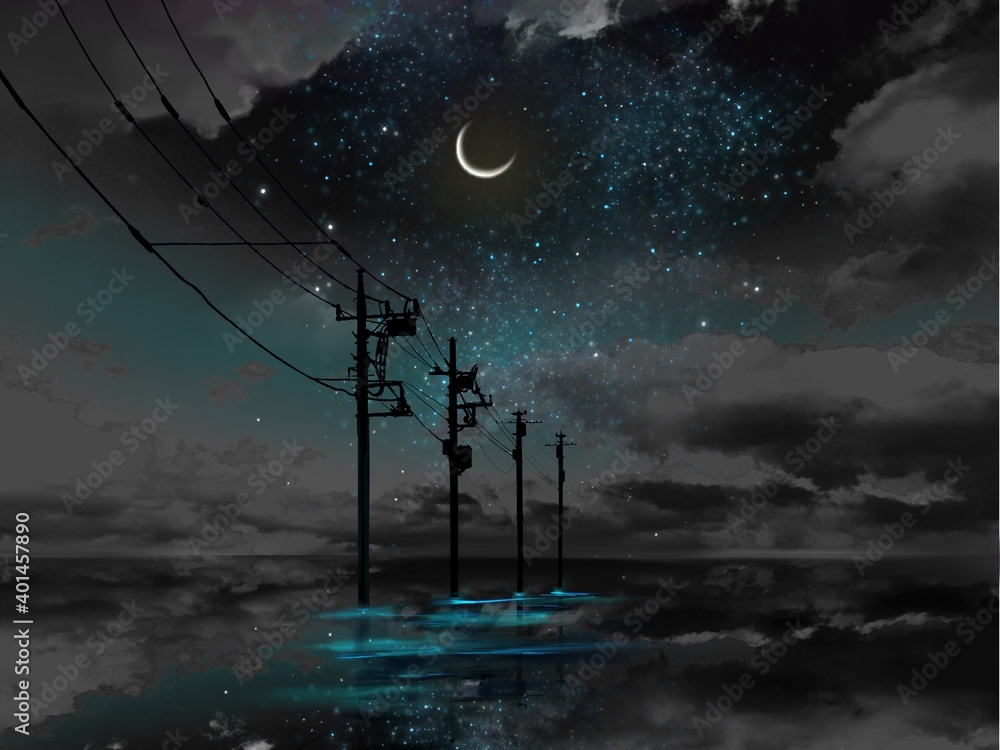 A mysterious landscape where the night sky is reflected in the sea and utility poles disappear beyond the horizon	 - obrazy, fototapety, plakaty 