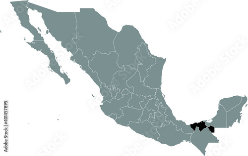 Black location map of Mexican Tabasco state inside gray map of Mexico