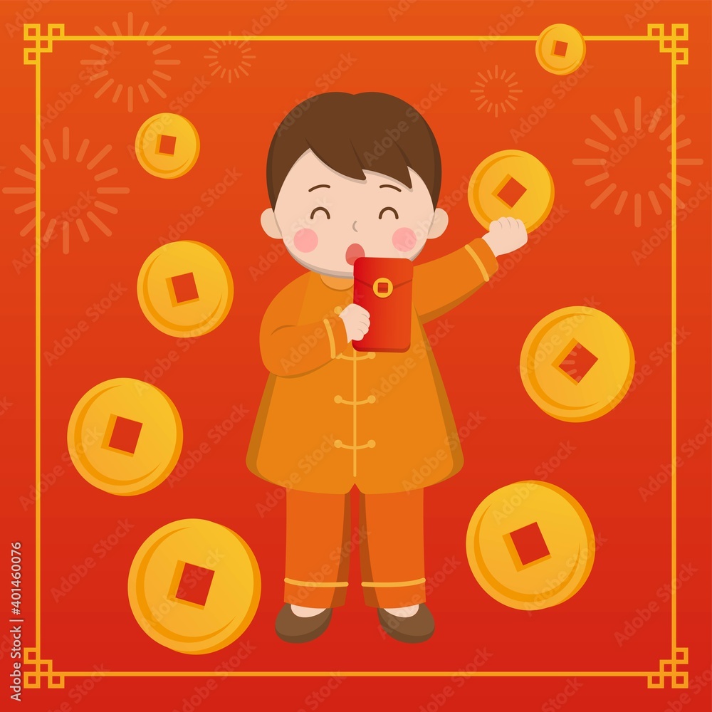 Cute happy children celebrating Chinese New Year, gold coins and money with red envelopes, comic illustration vector