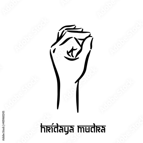 Hridaya mudra. Hand spirituality hindu yoga of fingers gesture. Technique of meditation for mental health.
