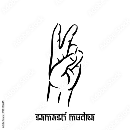 Samasti mudra. Hand spirituality hindu yoga of fingers gesture. Technique of meditation for mental health.