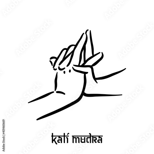 Kali mudra. Hand spirituality hindu yoga of fingers gesture. Technique of meditation for mental health.