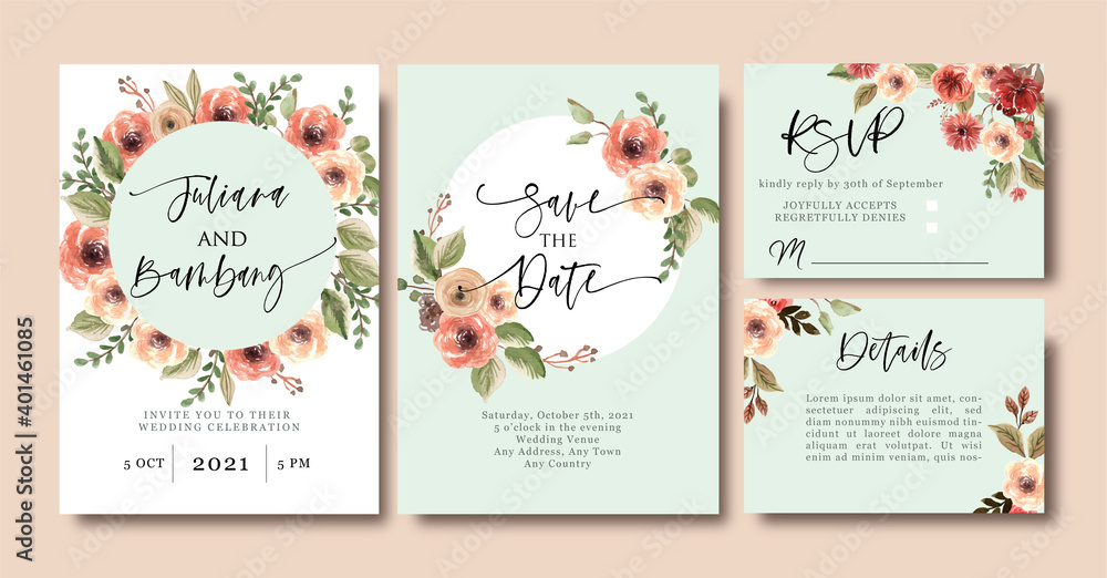 Wedding Invitation Card Design with Terracotta Flower and Warm Leaf with Green Background