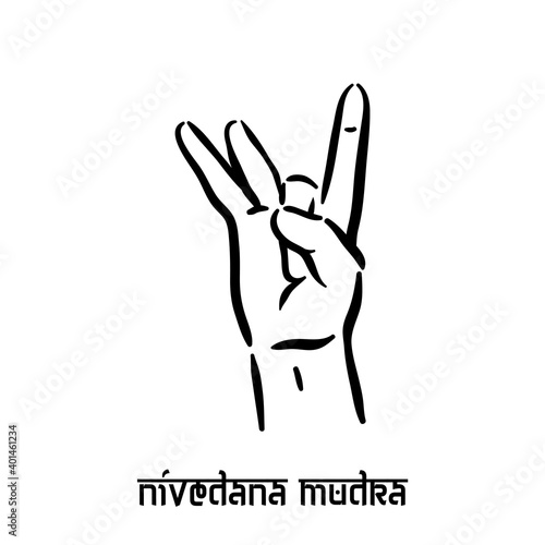 Nivedana mudra. Hand spirituality hindu yoga of fingers gesture. Technique of meditation for mental health.