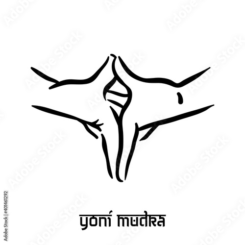Yoni mudra. Hand spirituality hindu yoga of fingers gesture. Technique of meditation for mental health.