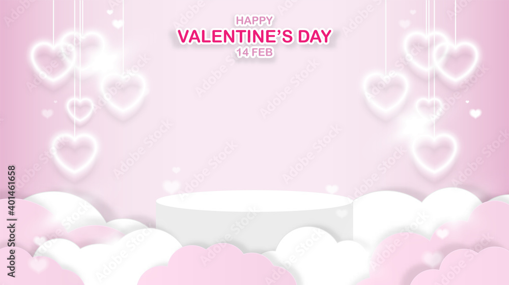 Happy Valentine's day banner. White stage podium for your product, decor with clouds and heart shape hanging lights isolated on pink background. Symbol of love. Space for graphic. Vector illustration.