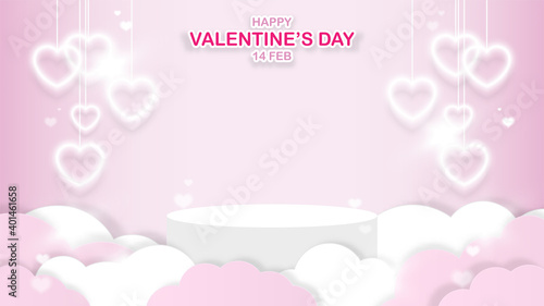 Happy Valentine's day banner. White stage podium for your product, decor with clouds and heart shape hanging lights isolated on pink background. Symbol of love. Space for graphic. Vector illustration.
