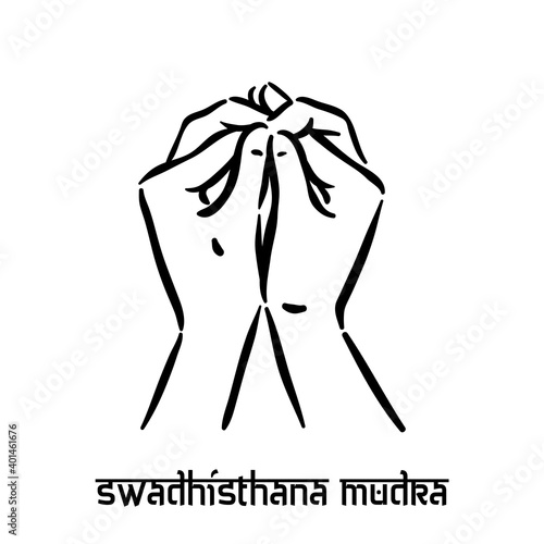 Swadhisthana mudra. Hand spirituality hindu yoga of fingers gesture. Technique of meditation for mental health.
