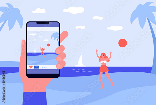 Male hand taking photo of happy lady on beach. Smartphone, sea, girlfriend flat vector illustration. Vacation and relationship concept for banner, website design or landing web page