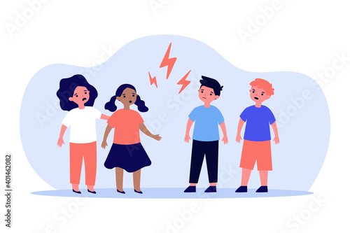Little boys and girls quarrelling angrily. Kid, child, lightning flat vector illustration. Relationship and disagreement concept for banner, website design or landing web page