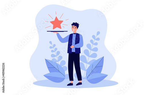 Waiter carrying star on tray. Restaurant offering premium service. Vector illustration for premium quality, vip bonus, advertisement concepts