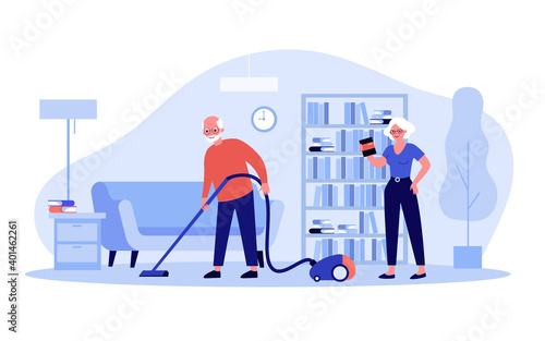 Positive old couple cleaning house together. Vacuum cleaner, book, room flat vector illustration. Housekeeping and retirement concept for banner, website design or landing web page